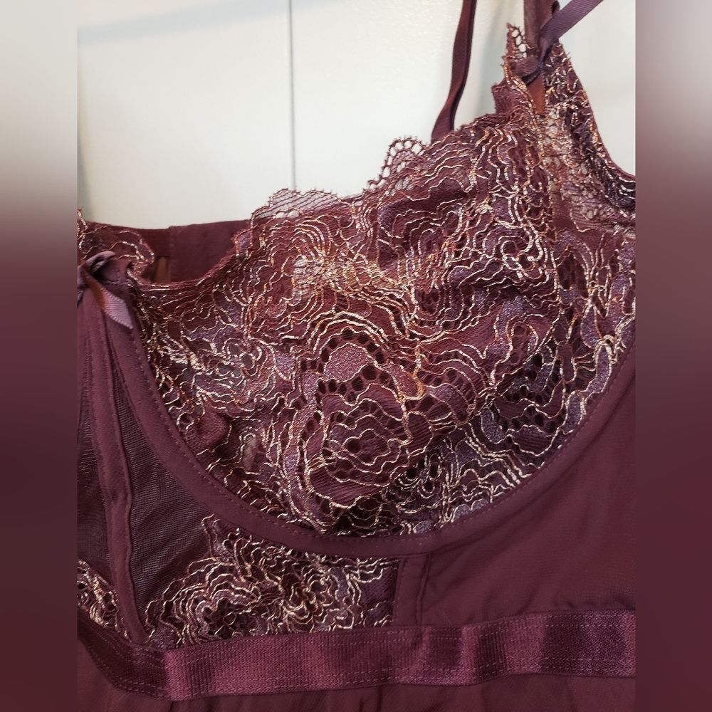 Lane Bryant Cacique Burgundy & Gold Lace Babydoll Lingerie Nightgown 42DD - Picture 4 of 9